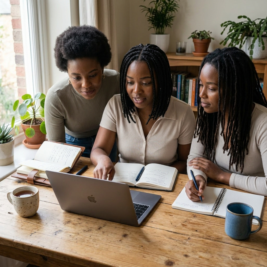 Three women studying with a laptop and notebooks at a wooden table
